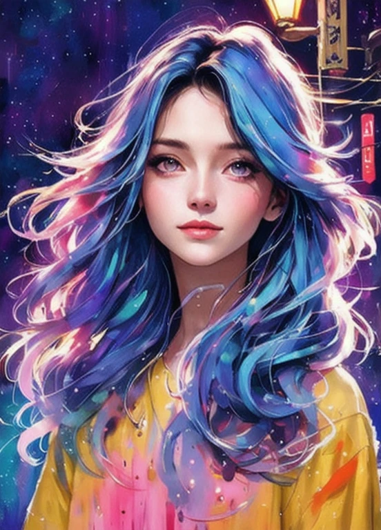 A painting of a woman with long hair and a colorful background a woman by agnes cecile, luminous design, pastel colours, ink drips, autumn lights