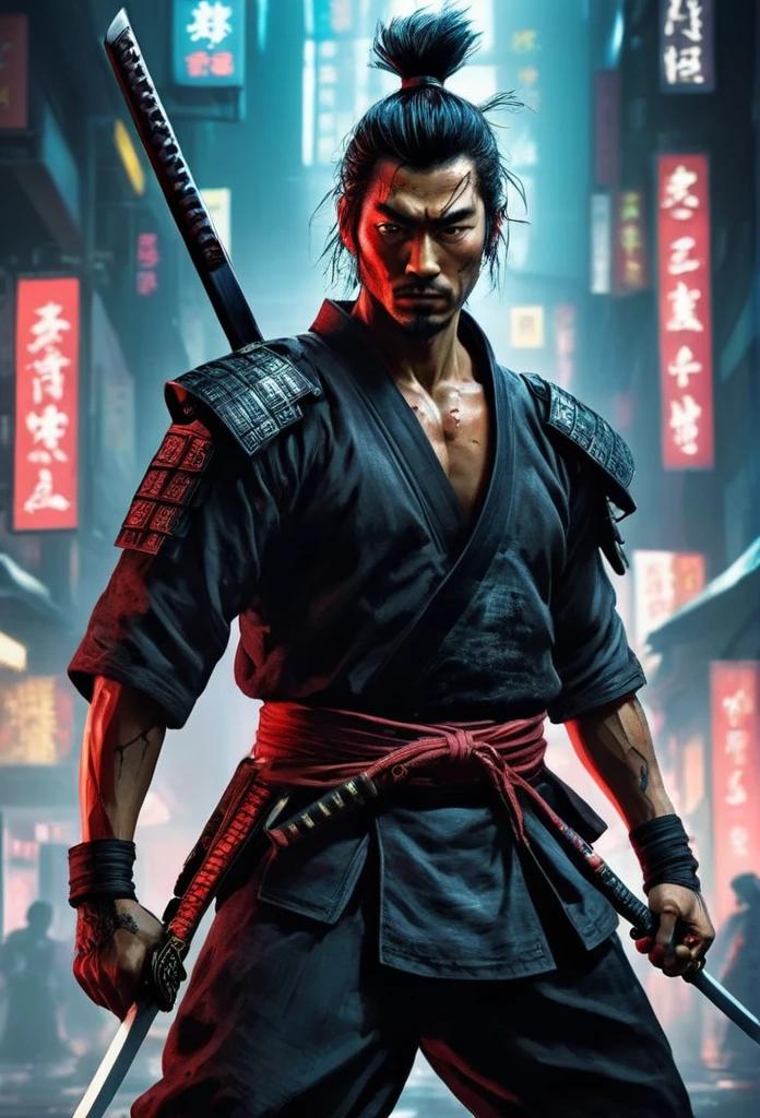 a samurai man, surreal, extremely fine skin details, 4k, inkpunk style, wonderful lighting, cyberpunk style, katana illustration, concept art, full body shot, cinema, promotional art, incredible lighting, one hand holds a katana, fighting, dodging, avoiding, realistic, photorealistic:1.37, bright colors, clear focus, blurry, fantasy:1.2, dynamic poses:1.37, intense stare, special powers, legendary power, black and red, wounds on the body