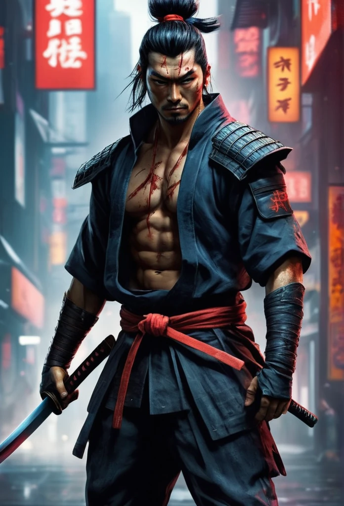 a samurai man, surreal, extremely fine skin details, 4k, inkpunk style, wonderful lighting, cyberpunk style, katana illustration, concept art, full body shot, cinema, promotional art, incredible lighting, one hand holds a katana, fighting, dodging, avoiding, realistic, photorealistic:1.37, bright colors, clear focus, blurry, fantasy:1.2, dynamic poses:1.37, intense stare, special powers, legendary power, black and red, wounds on the body
