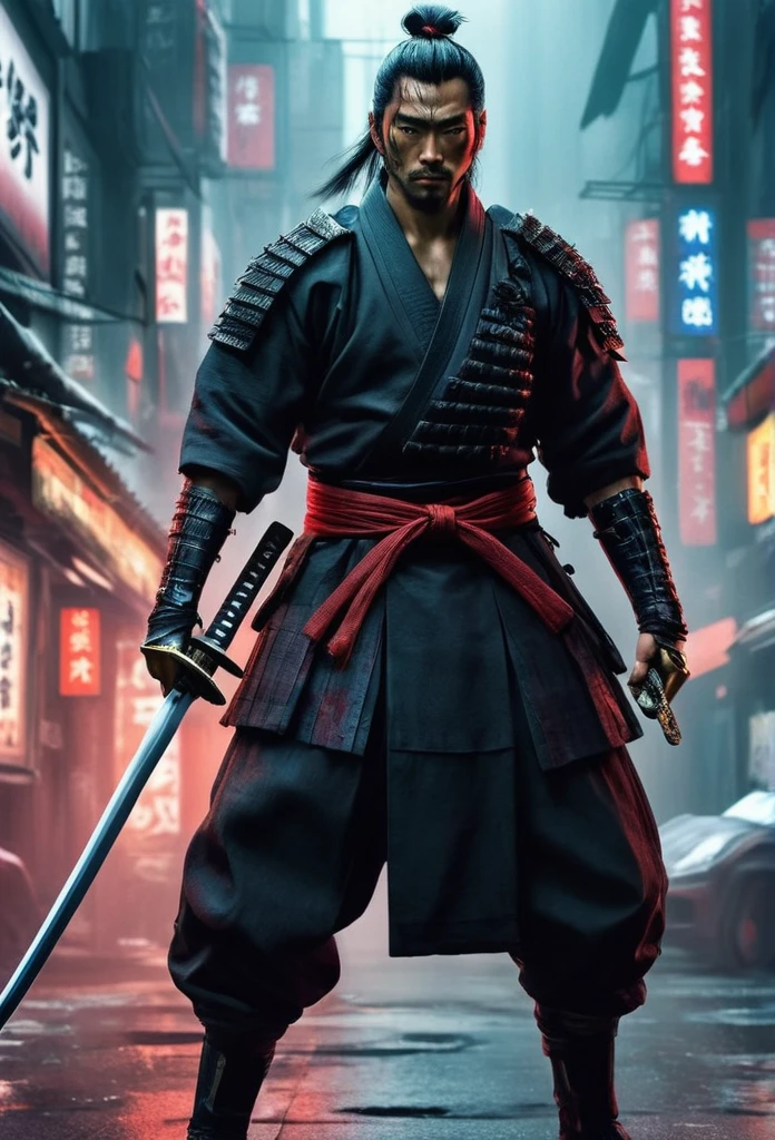 a samurai man, surreal, extremely fine skin details, 4k, inkpunk style, wonderful lighting, cyberpunk style, katana illustration, concept art, full body shot, cinema, promotional art, incredible lighting, one hand holds a katana, fighting, dodging, avoiding, realistic, photorealistic:1.37, bright colors, clear focus, blurry, fantasy:1.2, dynamic poses:1.37, intense stare, special powers, legendary power, black and red, wounds on the body