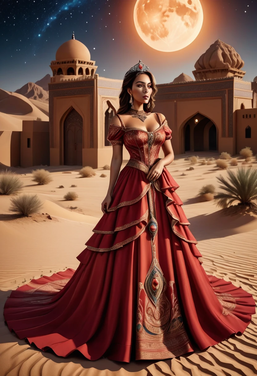 Arafed picture of a desert princess BREAK and her pet cougar in her palace high details, best quality, 16k, f a female human princess and her pet cougar, princess of the desert, full body, ((anatomically correct: 1.5)) ((standing: 1.5)) proudly royalty demeanor, a woman, (best detailed face: 1.5), Ultra Detailed face, wearing red royal desert dress, Arab design, decorated with gems, small cleavage, thigh high intricate leather high heeled boot, thick hair, long hair, brown hair, tan skin intense brown eyes, her epic (desert cougar: 1.3) lying at her feet, guarding her, an epic fantasy desert palace in an oasis in the background (intricate details, Masterpiece, best quality: 1.5) night, moon light, stars  ,Wide-Angle, award winning, best quality, high quality, high details, highres, vibrant, Ultra-high resolution, High Contrast, (masterpiece:1.5), highest quality, Best aesthetics, best details, best quality, highres, ultra wide angle, 16k, [ultra detailed], masterpiece, best quality, chumbasket art style, high heels, thighhighs, princess dress