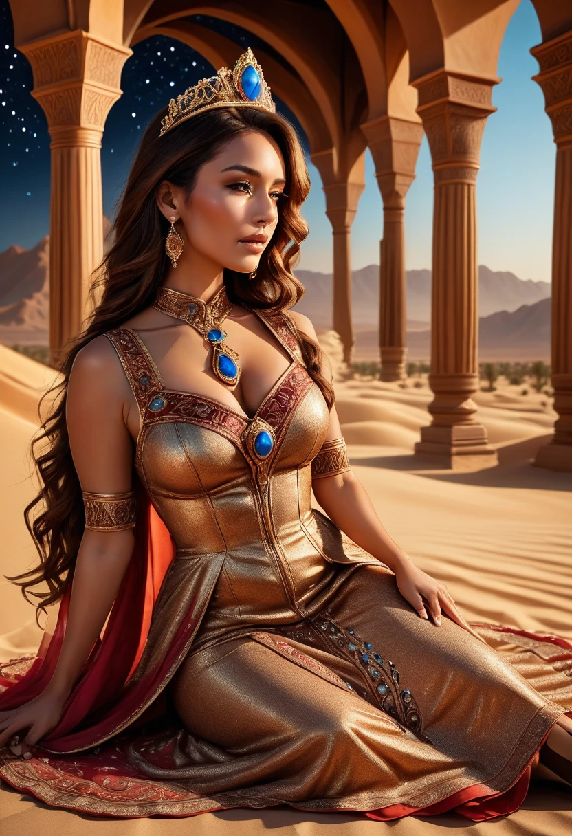 Arafed picture of a desert princess BREAK and her pet cougar in her palace high details, best quality, 16k, f a female human princess and her pet cougar, princess of the desert, full body, ((anatomically correct: 1.5)) ((standing: 1.5)) proudly royalty demeanor, a woman, (best detailed face: 1.5), Ultra Detailed face, wearing red royal desert dress, Arab design, decorated with gems, small cleavage, thigh high intricate leather high heeled boot, thick hair, long hair, brown hair, tan skin intense brown eyes, her epic (desert cougar: 1.3) lying at her feet, guarding her, an epic fantasy desert palace in an oasis in the background (intricate details, Masterpiece, best quality: 1.5) night, moon light, stars  ,Wide-Angle, award winning, best quality, high quality, high details, highres, vibrant, Ultra-high resolution, High Contrast, (masterpiece:1.5), highest quality, Best aesthetics, best details, best quality, highres, ultra wide angle, 16k, [ultra detailed], masterpiece, best quality, chumbasket art style, high heels, thighhighs, princess dress