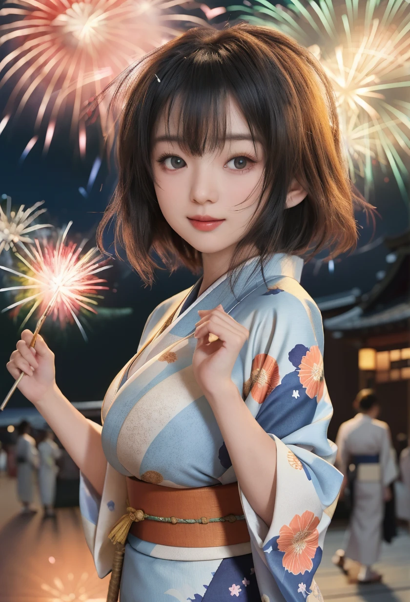 best quality, anime Seishun Buta Yarou series, character, Futaba Rio, glasses, gray half-up hair, colorful yukata, big fireworks