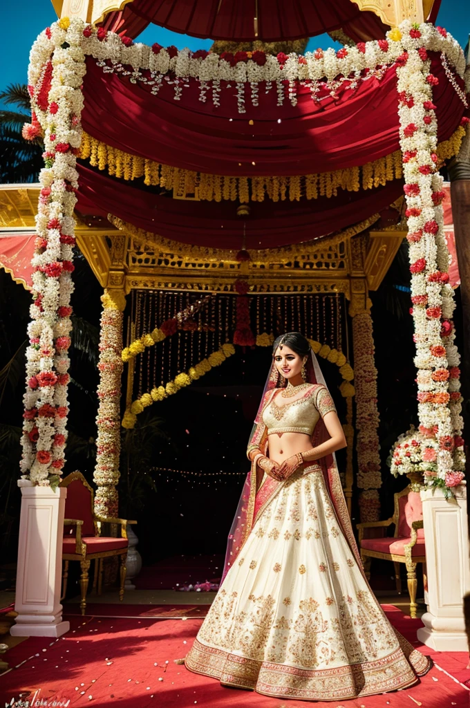 "A vibrant Indian wedding scene with a bride in a red lehenga and groom in a cream sherwani, standing under a flower-adorned mandap, surrounded by colorfully-dressed guests, elaborate decorations, and festive atmosphere."