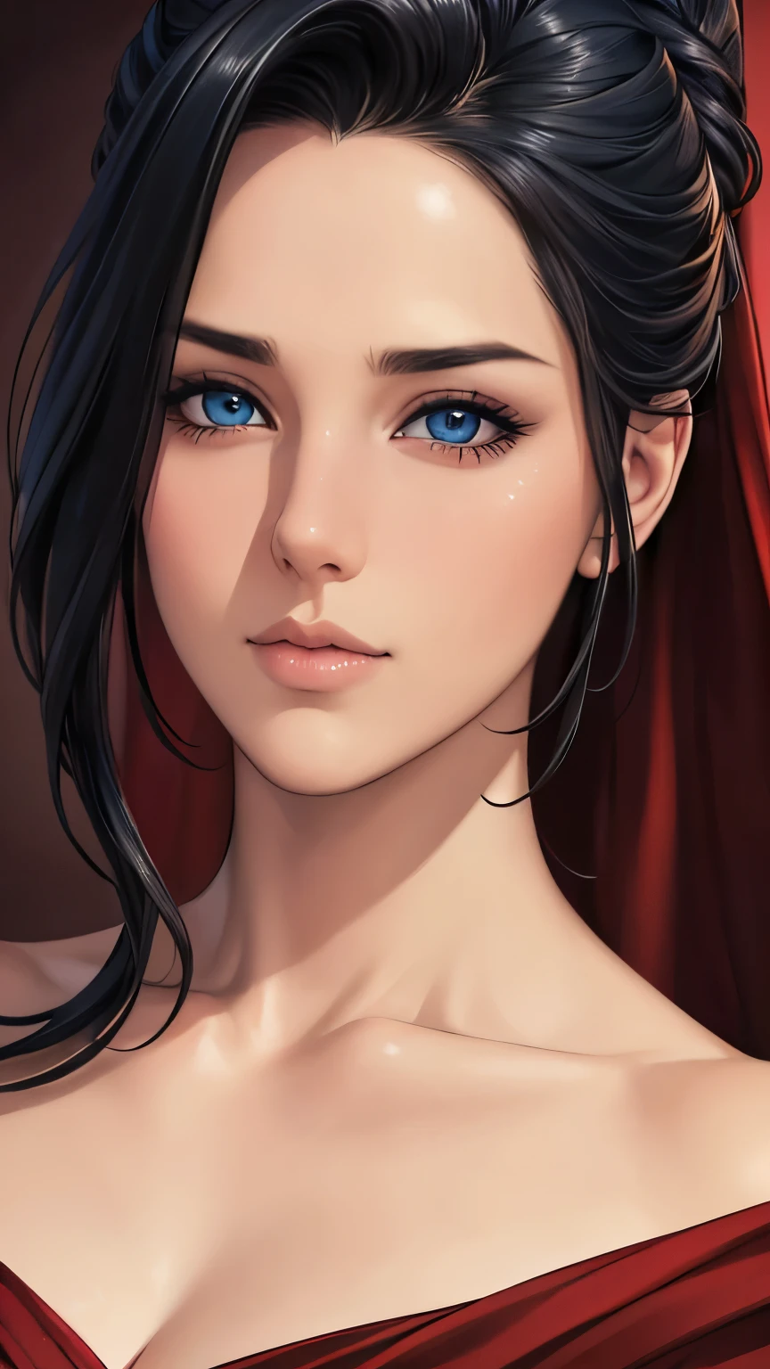 (Highest quality,4K,8K,High resolution,masterpiece:1.2),Super detailed,(Realistic,Realistic,Photorealistic:1.37),Beautiful and delicate blue eyes,long black hair in a high bun,detailed red veil,Portraiture,Sharp focus,Professional,Vibrant colors,Dark Background,Studio Lighting