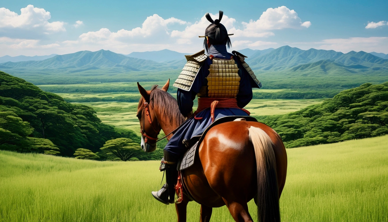 Manga style,Illustrated style,Traditional Japanese samurai armor,Back view,Japanese Landscape,Summer steppe,Fresh greenery,A warrior riding a horse,Vibrant colors,Serene atmosphere