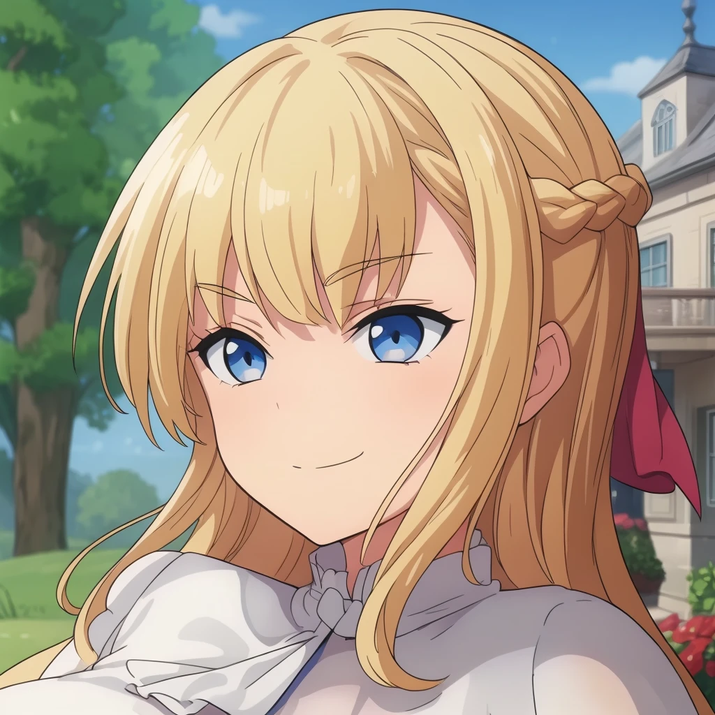 high quality, masterpiece. Blue eyes. blonde hair. braid. tricky glance. evil smile. haughty face. Hand on cheek. white elegant blouse. Against the background of a beige manor with a garden.
