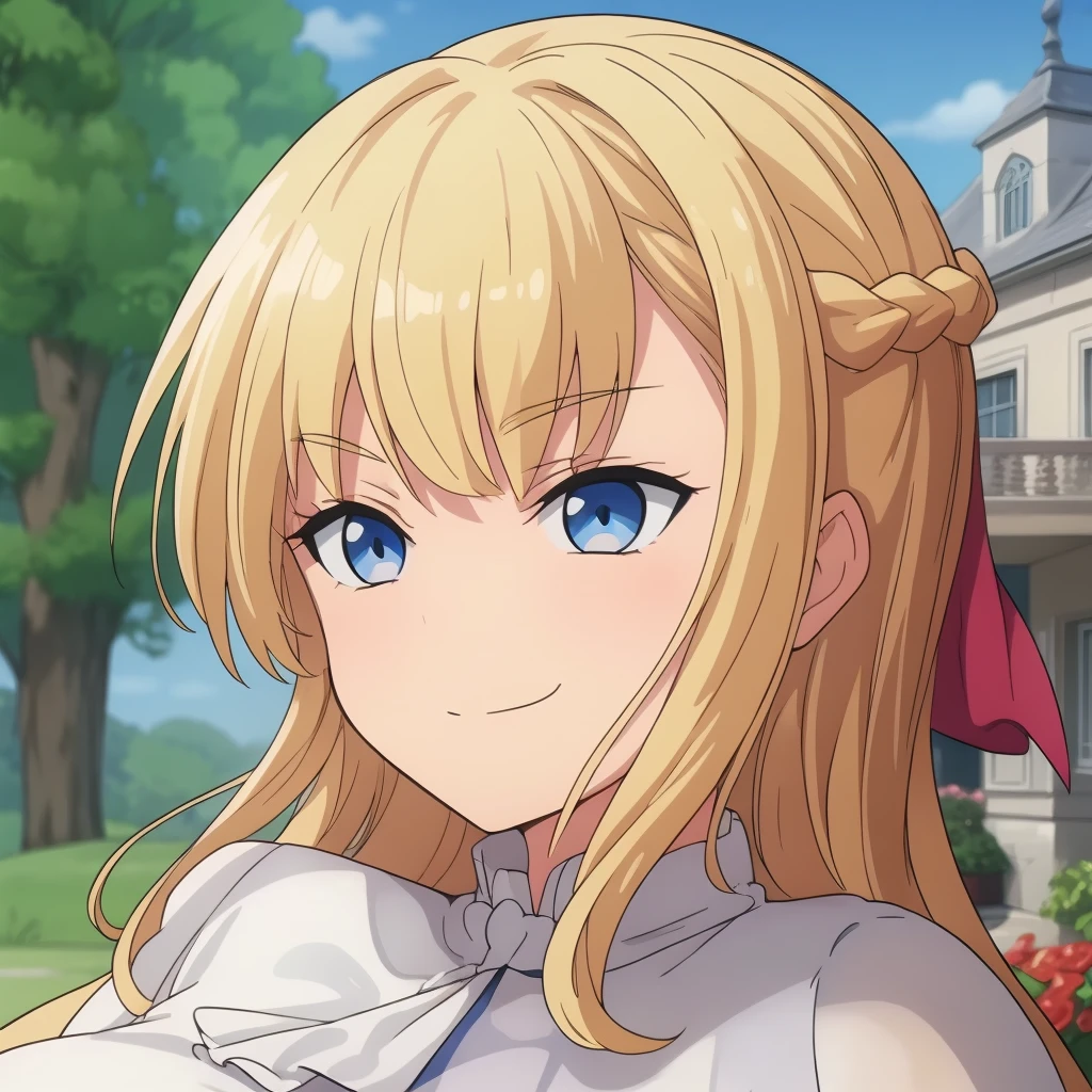 high quality, masterpiece. Blue eyes. blonde hair. braid. tricky glance. evil smile. haughty face. Hand on cheek. white elegant blouse. Against the background of a beige manor with a garden.
