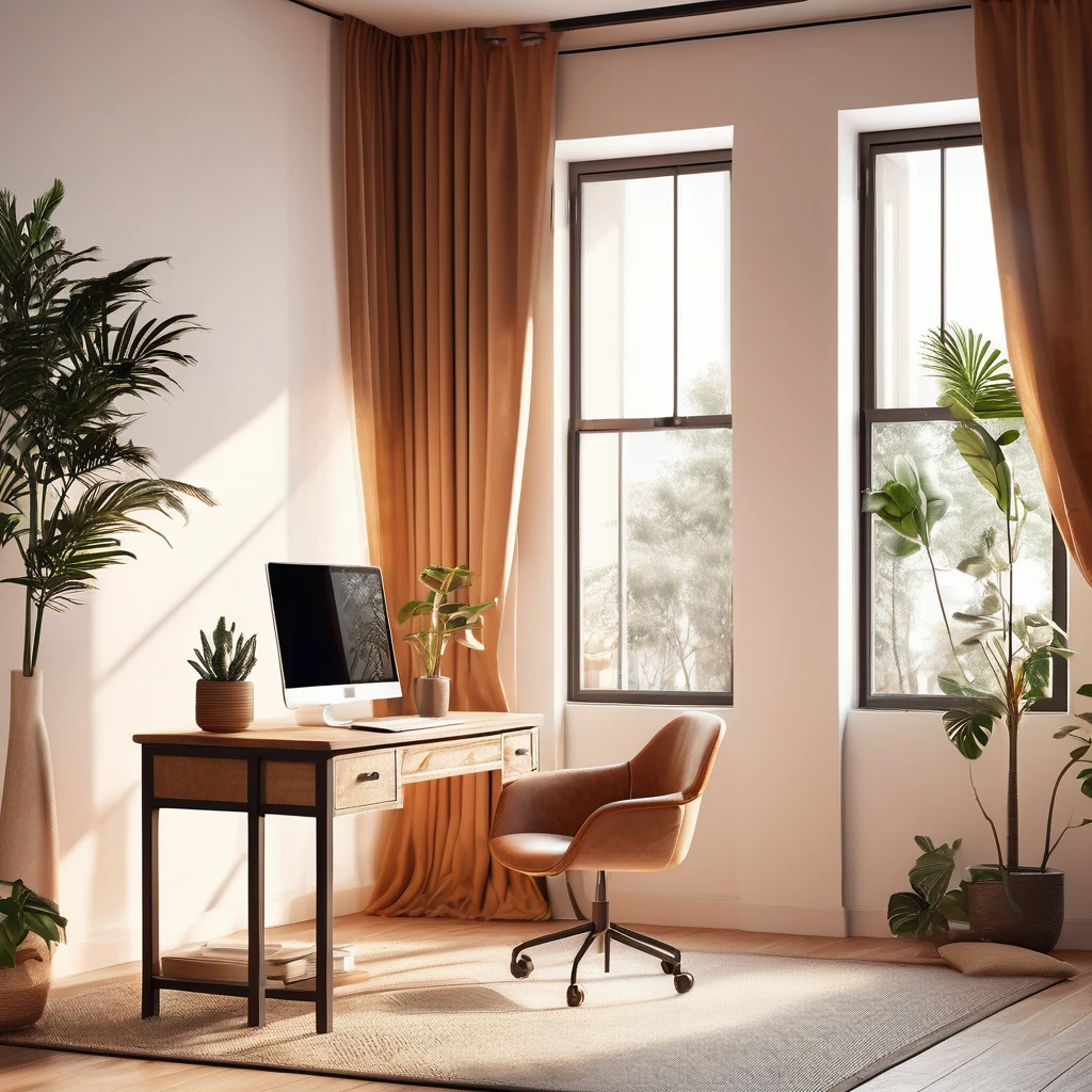 beautiful detailed interior scene, laptop computer on desk, window lighting, high quality, 8k, photorealistic, dramatic lighting, minimalist design, clean composition, still life, detailed surfaces, warm color tones, soft shadows, natural daylight, shallow depth of field, studio lighting, professional photography