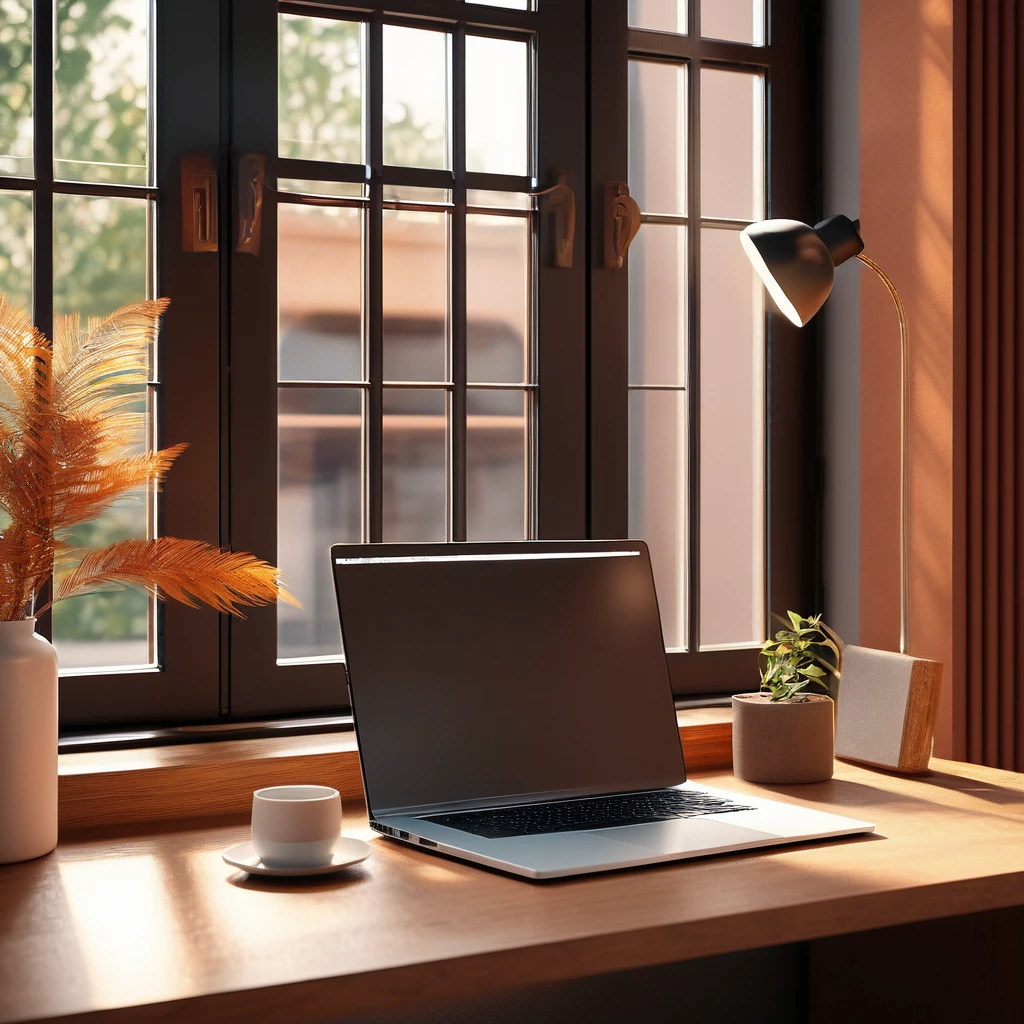 beautiful detailed interior scene, laptop computer on desk, window lighting, high quality, 8k, photorealistic, dramatic lighting, minimalist design, clean composition, still life, detailed surfaces, warm color tones, soft shadows, natural daylight, shallow depth of field, studio lighting, professional photography