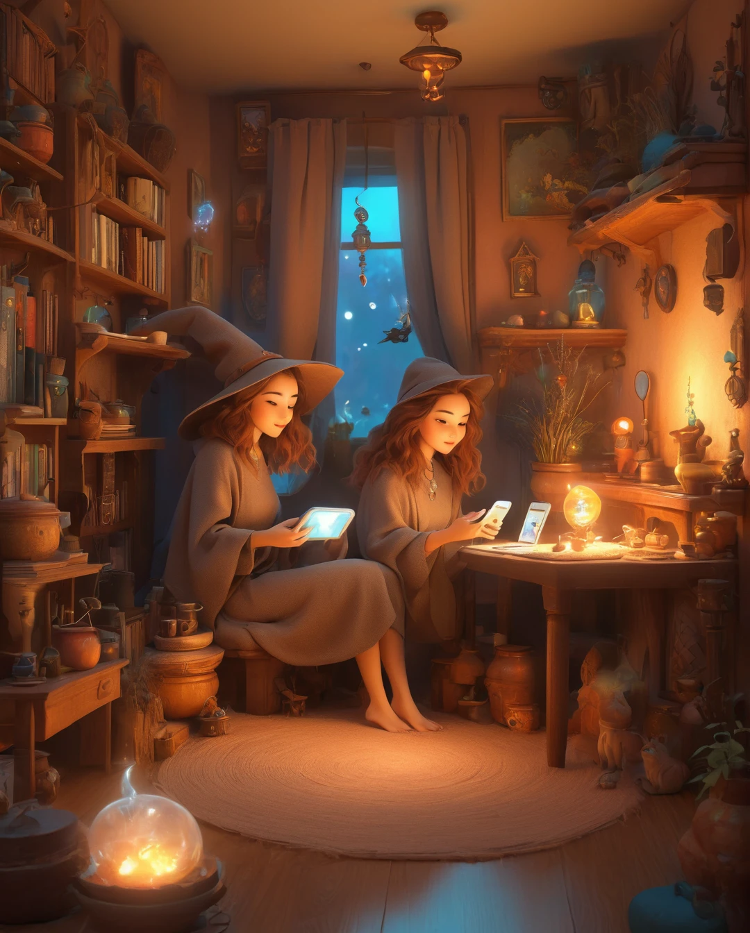 Tech-Savvy Witch - Inspired by Hayao Miyazaki:

Subject: A modern witch using a smartphone and tech gadgets
Scene: Cozy urban apartment filled with magical artifacts
Medium: Digital illustration
Lighting: Warm, soft interior lighting
Colours: Warm earth tones, soft blues, and magical glows
Art Movement: Fantasy animation style
Descriptive Terms: Whimsical, cozy, magical
Background: Apartment with a blend of modern and magical elements....... (best quality,4k,8k,highres,masterpiece:1.2),ultra-detailed,(realistic,photorealistic,photo-realistic:1.37),alternative reality,telepathic,psychic powers,mind reading,third eye,mind bending,intense gazing,parallel universe,Yoshitaka Amano style,dreamlike,fantasy,vivid colors,soft lighting