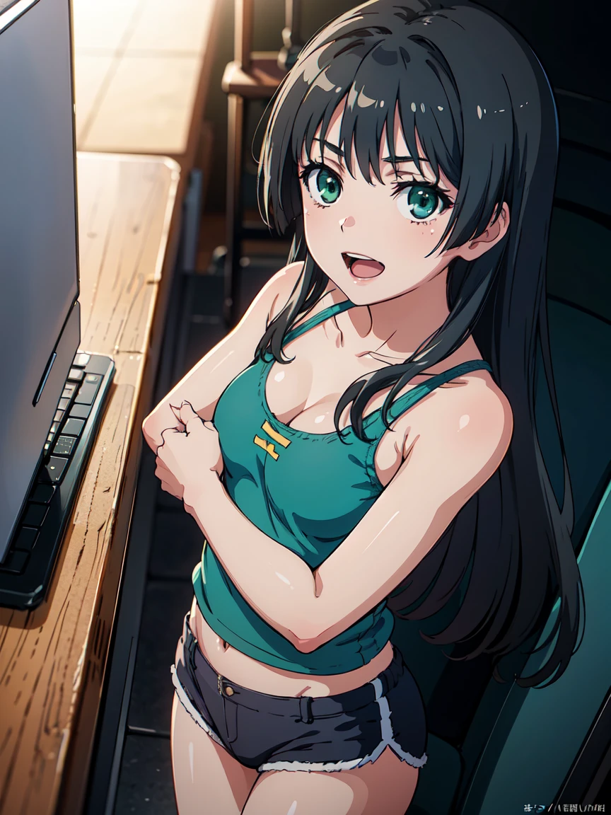 hug, (High resolution:1.4), (masutepiece:1.2), (High quality:1.3) 1girl, saten ruiko, green eyes, long hair, black hair, small breast, tank top, hot pants, cinematic lighting, pov, dynamic angle, nsfw, open mouth, smile