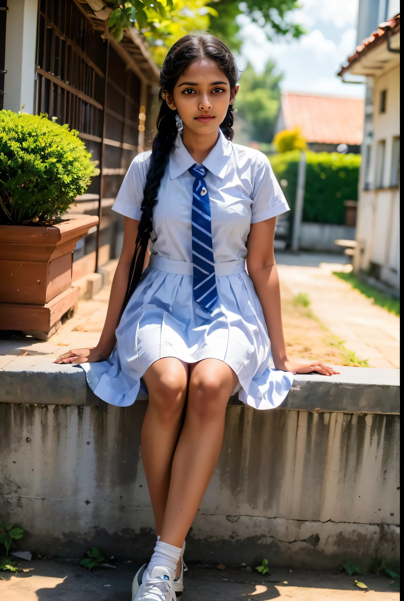 Raw photo , 1 girl  ,Wearing white frock and color tie, white shoes ,sri lanka teen school girl, with plait , professional photographer, (hdr:1.4), masterpiece, ultra-realistic 8k, perfect artwork, intrincate details, cute face, award winning photograph, (Best quality, 8k, 32k, Masterpiece, UHD:1.3) ,