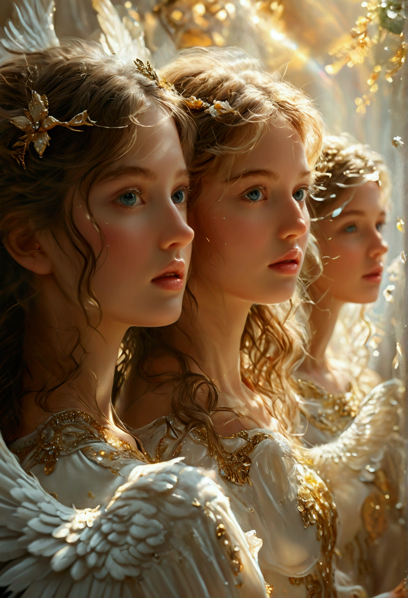 a group of angels, beautiful detailed eyes, beautiful detailed face, beautiful detailed wings, angelic expression, serene, peaceful, glowing, ethereal, heavenly, radiant, (best quality,4k,8k,highres,masterpiece:1.2),ultra-detailed,(realistic,photorealistic,photo-realistic:1.37),oil painting, intricate details, dynamic composition, warm lighting, golden hues, dramatic contrast