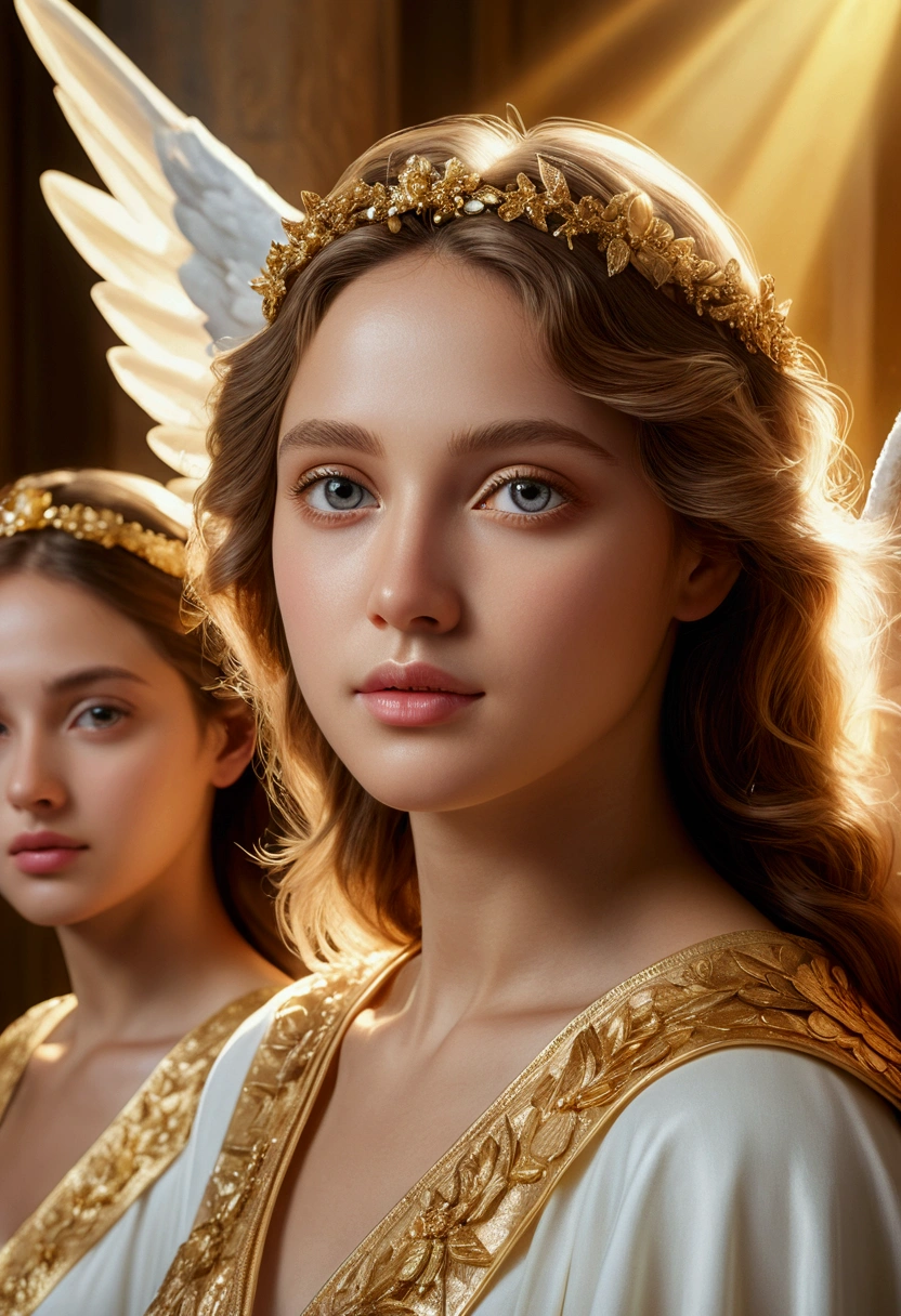 a group of angels, beautiful detailed eyes, beautiful detailed face, beautiful detailed wings, angelic expression, serene, peaceful, glowing, ethereal, heavenly, radiant, (best quality,4k,8k,highres,masterpiece:1.2),ultra-detailed,(realistic,photorealistic,photo-realistic:1.37),oil painting, intricate details, dynamic composition, warm lighting, golden hues, dramatic contrast