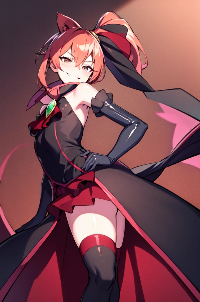 Highest quality, masterpiece, One Girl,Not beautiful, Red Ponytail, Long dress, brooch, Hair Ribbon,  Black knee socks,Standing on Hell,  (Wicked Smile:1.1), ,,Dark shadowed face,Sadistic smile,Malice,Contempt,smile,latex,Bad face,,Red Skirt,two hands,two legs,five fingers,evil background,elbow gloves,latex, Wicked Smile, devilish aura (Shiny fabric:1.5),Dark world background,独奏,


