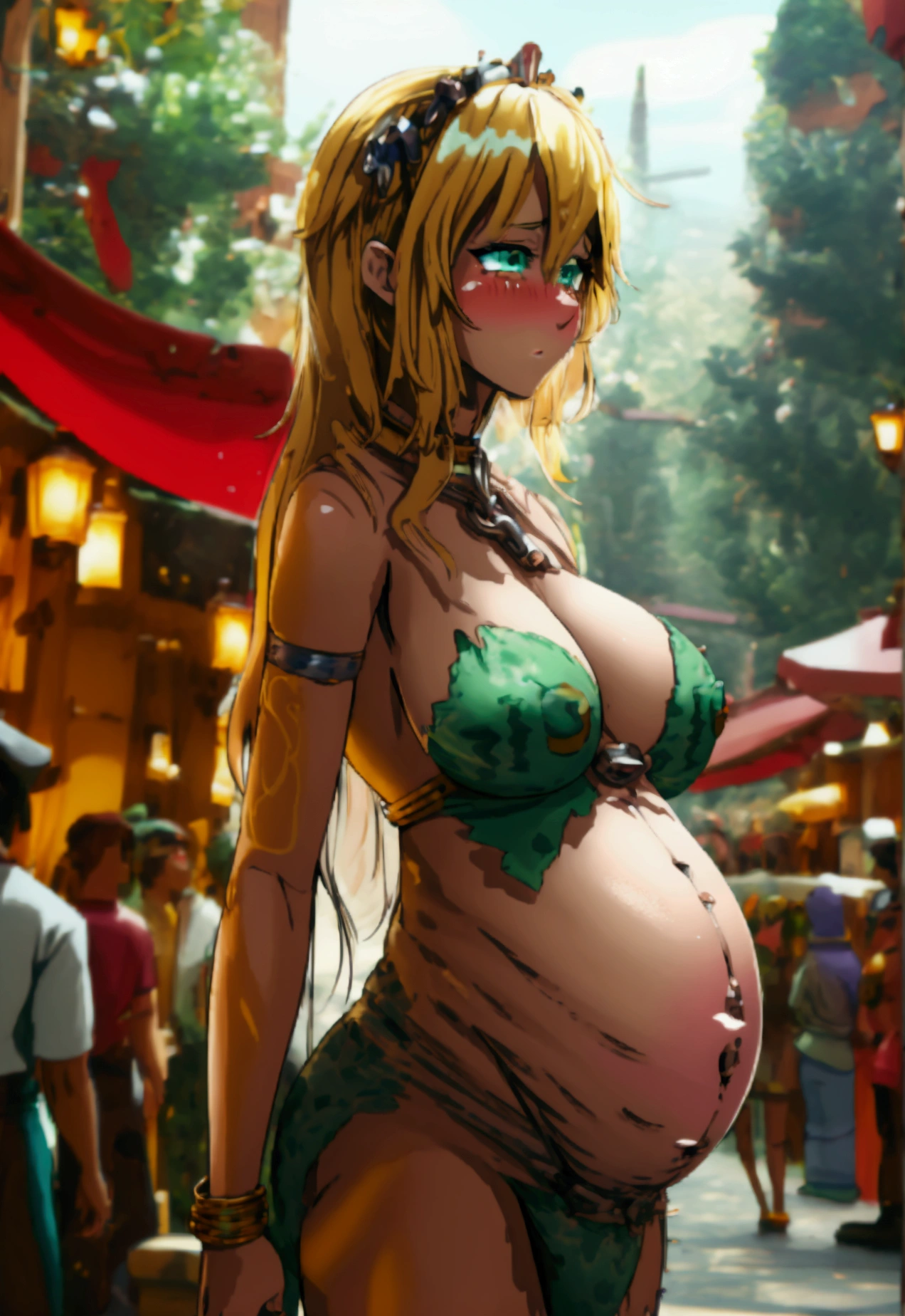 Anime. 1 girl. Lovely girl. Slave. Blonde. Pregnant. Long hair. Wavy hair. Green eyes. Beautiful eyes. Perfect eyes. Expressive eyes. Ideal face. Beautiful nose. Snotty nose. . Big breasts. Beautiful breasts. Diaper. Dirty diaper. I peed in my diaper. I pooped in my diaper. Thick body. Thick long legs. Thick arms. Big fat belly. Fat butt. Body with two heads. Dirty tunic. Torn tunic. Slave collar. Shackles. Standing. Full height. Fantasy city. Street. Slave market. Many people. Blush. Tears in my eyes. Cry. Beautiful character design. Shiny skin. Whole body. NSFW. Scat. Official art. Extremely detailed CG Unity 8k wallpaper. Ideal lighting. Ultra high resolution 4K. Super detailed 8K resolution. A high resolution.