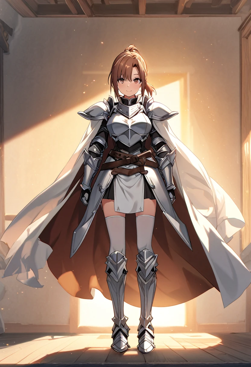 asuna, asuna_(sao), (1girl,solo) ,fantasy, highres, 19 yo, original, (wear in a sheath on waist:1.3), smile, (white knight wizard long cape:1.5), short hair, medium breasts, looking at viewer, bangs ,detailed hazel brown eyes, beautiful background, ((morning sun,Western-style private room)), hands on the chest,(brown hair,short ponytail:1.5), (platinum knight wizard full armor:1.55),short hair, standing,straight-on, abec,(full body:1.1), white thighhighs,(abec:1.4),