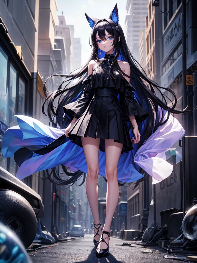 Saphore long hair saphire eyes have black headphone wearing saphire shoulderless black skirt saphire shoes