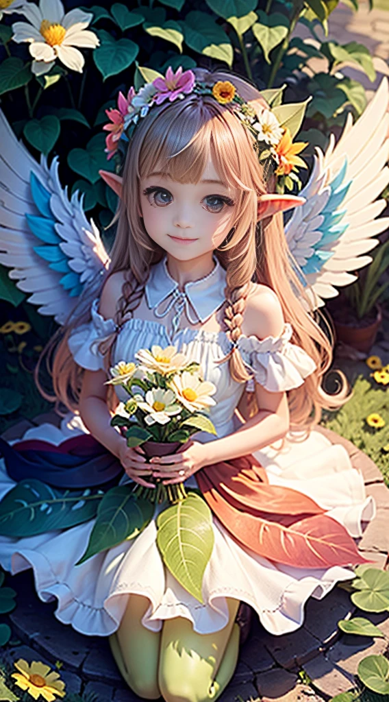 cute little Flowe rFairy, ,Big angel wings Big wings Angel wings Rainbow gradient long hair Pointed ears Flower crown Dress made of leaves Flower Sitting on a big flower Big flower Smiling gently