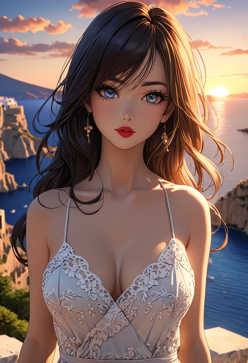 (Adult, portrait:1.2), (Japanese cartoon), (Greece:1.3), Sunset, (photography), Greece海島的海濱別墅, Brown long straight hair, Long bangs cover the eyes, Long eyelashes, [[Small Eyes]], (Lipstick), [Dark eyeshadow], A faint smile, Slim, Big breasts，Slender limbs, Bare shoulders, Black skirt, Spaghetti Strap Lace Dress, (Beautiful and delicate eyes, Beautiful and delicate lips, Extremely detailed eyes and face:1.3), Seductive female pose, Vibrant colors, Warm colors, Soft Light, (best quality, 4K, high resolution, masterpiece:1.2), (Very detailed, High Dynamic Range, Vibrant colors), (landscape, Concept Artist), Japanese Manga, Hojo style, Overclocking Renderer, CG art, (Detailed background)
