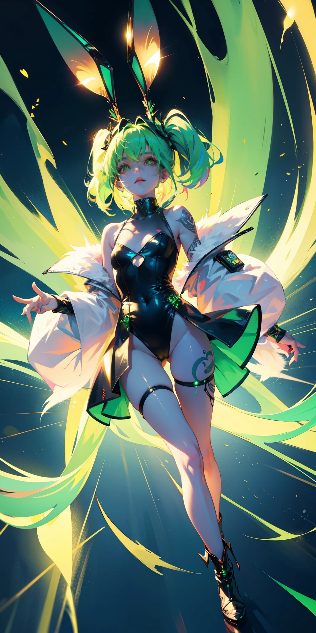 Rabbit technique , Science Fiction, Fluffy , 
1 girl, Tattoo, Glowing tattoo, Glowing eyes, Colorful glowing hair , Full body love, Green Hair,
  Kawaiitech, Soft colors, Kawaii, Lovely colors,