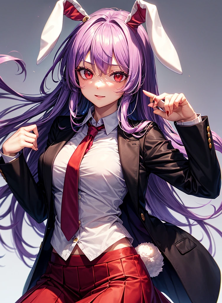 1girl, reisen udongein inaba (touhou), red eyes, rabbit girl, rabbit ears, rabbit tail, purple hair, light purple hair, very long hair, blazer, black jacket, white shirt, collared shirt, blouse, red necktie, buttons, long sleeves, pink skirt, crescent pin