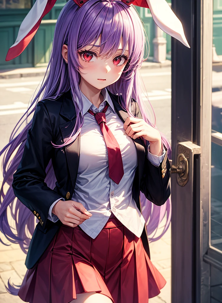 1girl, reisen udongein inaba (touhou), red eyes, rabbit girl, rabbit ears, rabbit tail, purple hair, light purple hair, very long hair, blazer, black jacket, white shirt, collared shirt, blouse, red necktie, buttons, long sleeves, pink skirt, crescent pin