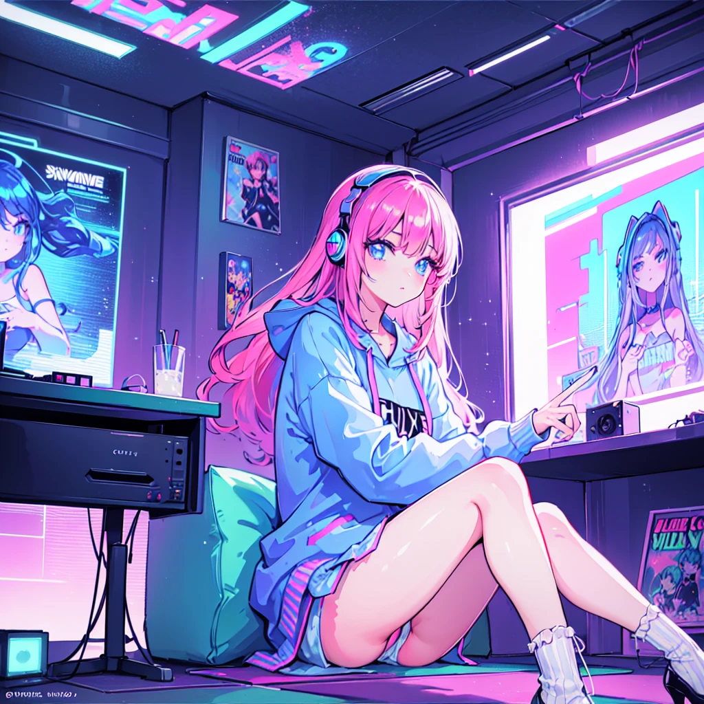 (masterpiece), Highest quality, Expressive eyes, Neon pastel aesthetics, Retro 90s, Neon color,((Girl sitting on sofa,In a cozy room,Records hanging on her wall, Comic books on the floor, Looking out the window behind her at the night city, Upholstered room, Anime figures lined up on a shelf)), Wearing headphones, (All around her it sparkles), (Wearing high socks and heels), (blue eyes), (Soft look), ((Synthwave Art Style)), Colorful Hair, Desk with PC set up