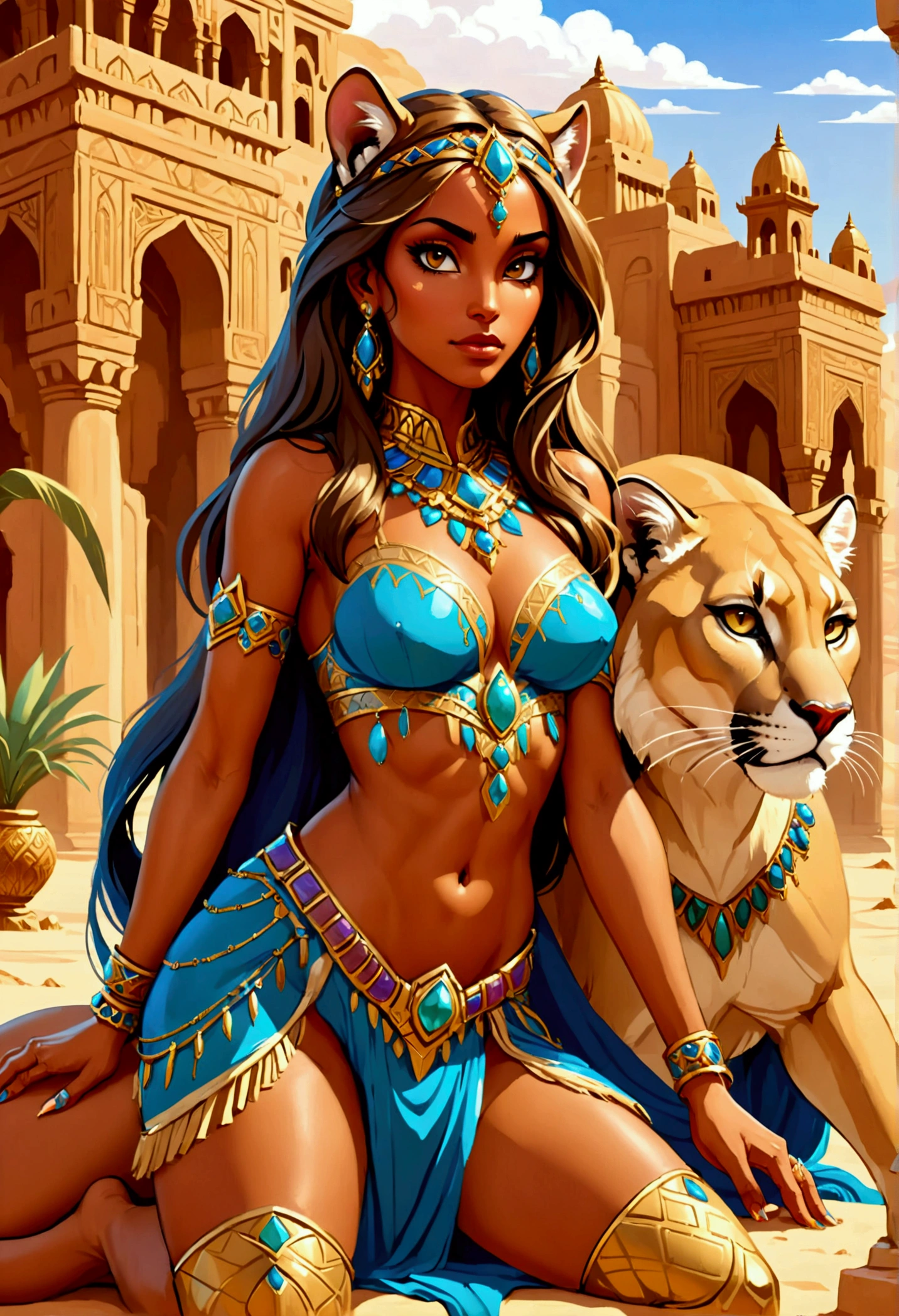 Arafed picture of a desert princess BREAK and her pet cougar in her palace high details, best quality, 16k, f a female human princess and her pet cougar, princess of the desert, full body, ((anatomically correct: 1.5)) ((standing: 1.5)) proudly royalty demeanor, a woman, (best detailed face: 1.5), Ultra Detailed face, wearing royal desert dress, decorated with gems, wearing princess tiara, small cleavage, thigh high intricate leather high heeled boot, thick hair, long hair, brown hair, tan skin intense brown eyes, her epic desert (cougar : 1.3) lying at her feet, guarding her, an epic fantasy desert palace in an oasis in the background (intricate details, Masterpiece, best quality: 1.5) night, moon light, stars ,Wide-Angle, award winning, best quality, high quality, high details, highres, vibrant, Ultra-high resolution, High Contrast, (masterpiece:1.5), highest quality, Best aesthetics, best details, best quality, highres, ultra wide angle, 16k, [ultra detailed], masterpiece, best quality, chumbasket art style, Cinematic Hollywood Film,