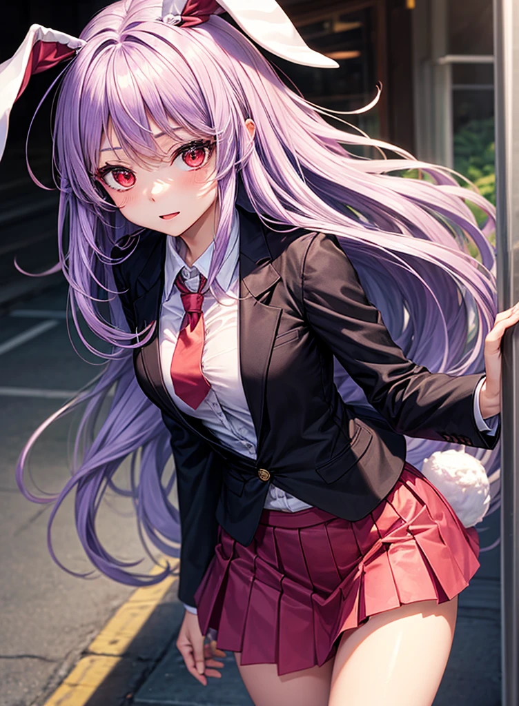 1girl, reisen udongein inaba (touhou), red eyes, rabbit girl, rabbit ears, rabbit tail, purple hair, light purple hair, very long hair, blazer, black jacket, white shirt, collared shirt, blouse, red necktie, buttons, long sleeves, pink skirt, crescent pin