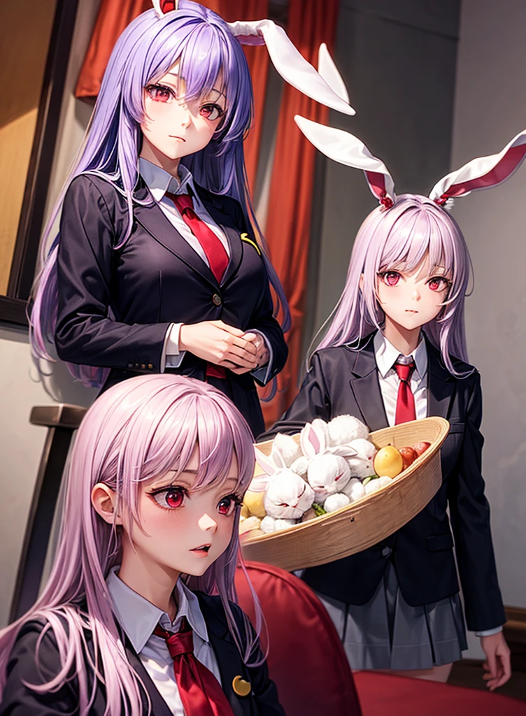 1girl, reisen udongein inaba (touhou), red eyes, rabbit girl, rabbit ears, rabbit tail, purple hair, light purple hair, very long hair, blazer, black jacket, white shirt, collared shirt, blouse, red necktie, buttons, long sleeves, pink skirt, crescent pin