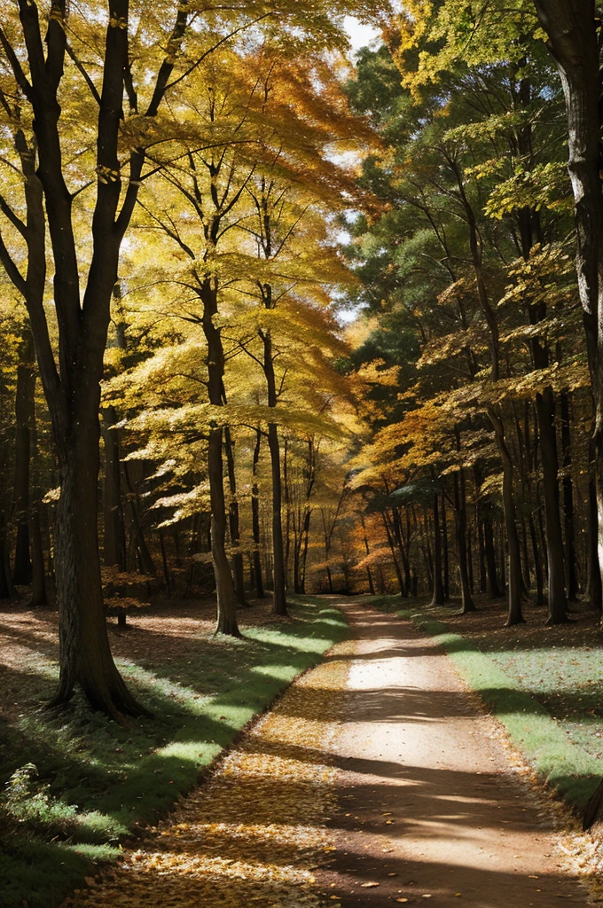 photograph, a path in the woods with leaves and the sun shining , by Julian Allen, dramatic autumn landscape, ears, park, take off, peace, rich cold moody colours, hi resolution, oaks