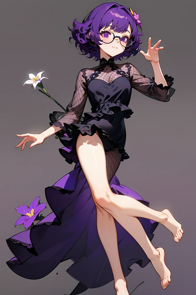 one girl, short very curly purple hair with dark purple strand, glasses, two-piece black color lace flower theme swim outfit, simple detaled, lovable, no background, dynamic pose,, full body ,detaled feet,short blouse with fishnet, flowers