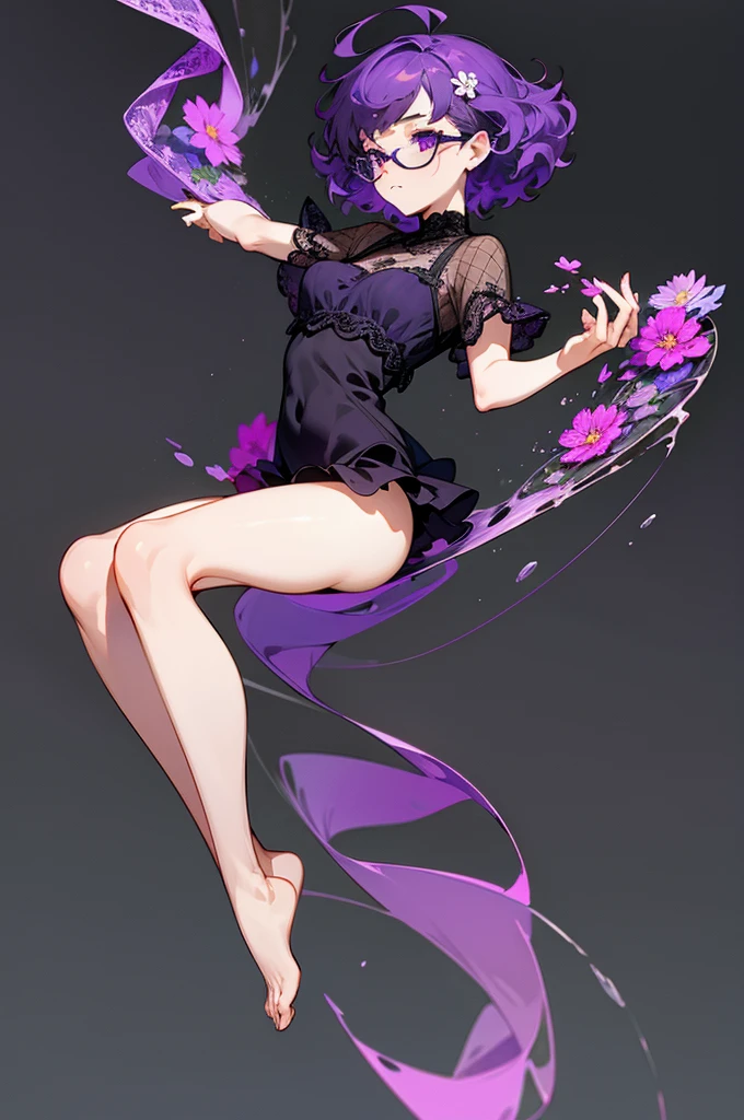 one girl, short very curly purple hair with dark purple strand, glasses, two-piece black color lace flower theme swim outfit, simple detaled, lovable, no background, dynamic pose,, full body ,detaled feet,short blouse with fishnet, flowers