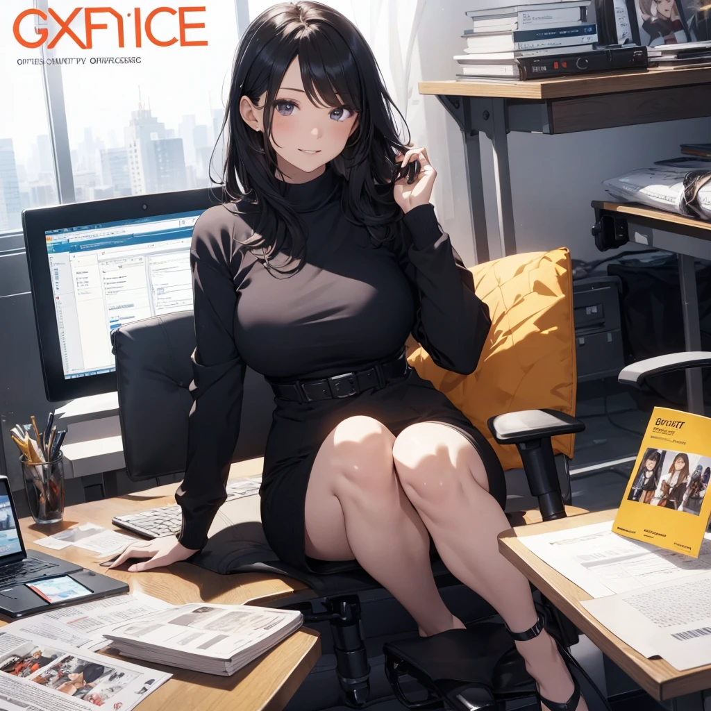 (Best Quality, Masterpiece), office lady Magazine Cover, 1girl,Magazine Cover, 1girl, amazing 30 years old wife, stunning, cute, warm smile, hourglass figure, floral dress, office desk, office chair,Lulubre Unity 8K Wallpaper, Beautiful background, clearly, Best Quality, The highest resolution, Best aesthetic,extremely detailed CG unity 8k,azine Cover,text, chart, advertising, magazine title