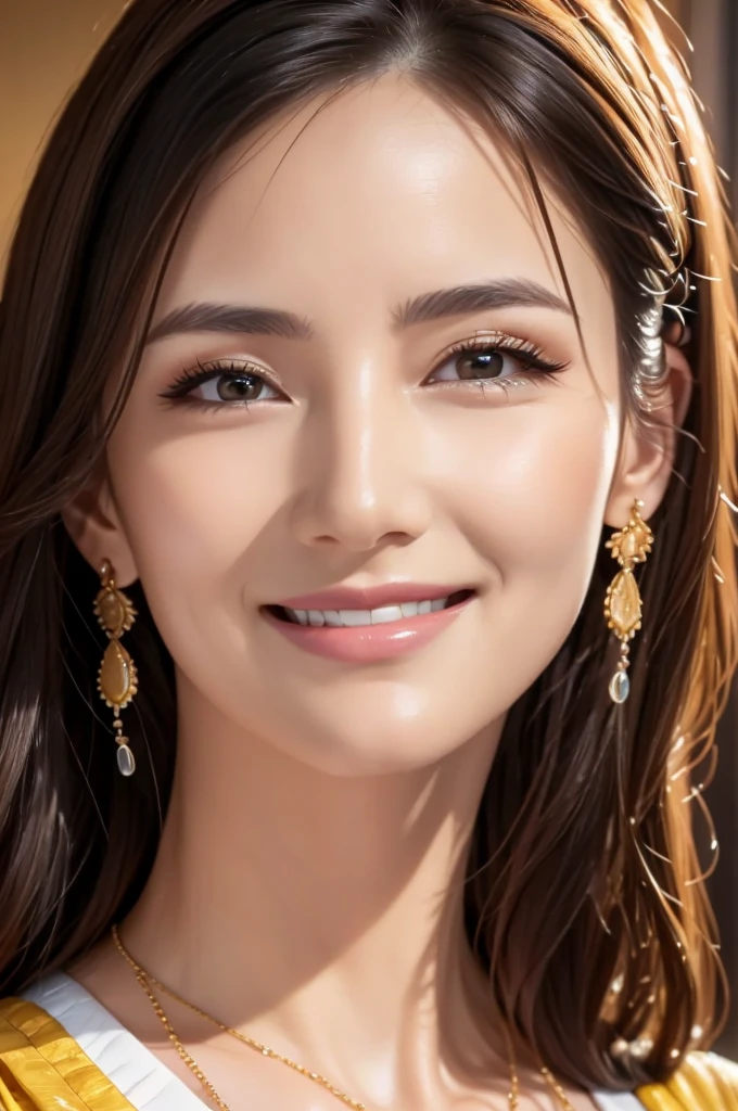 muste piece, best quality, illustration, Super detailed, fine details, High resolution, 8K Dende Wallpaper, perfect dynamic composition, 30 year old beautiful mature woman, clear, detailed face, detailed eyes, textured skin, smile, formal wear, yellow shirt, necklace, small earings,