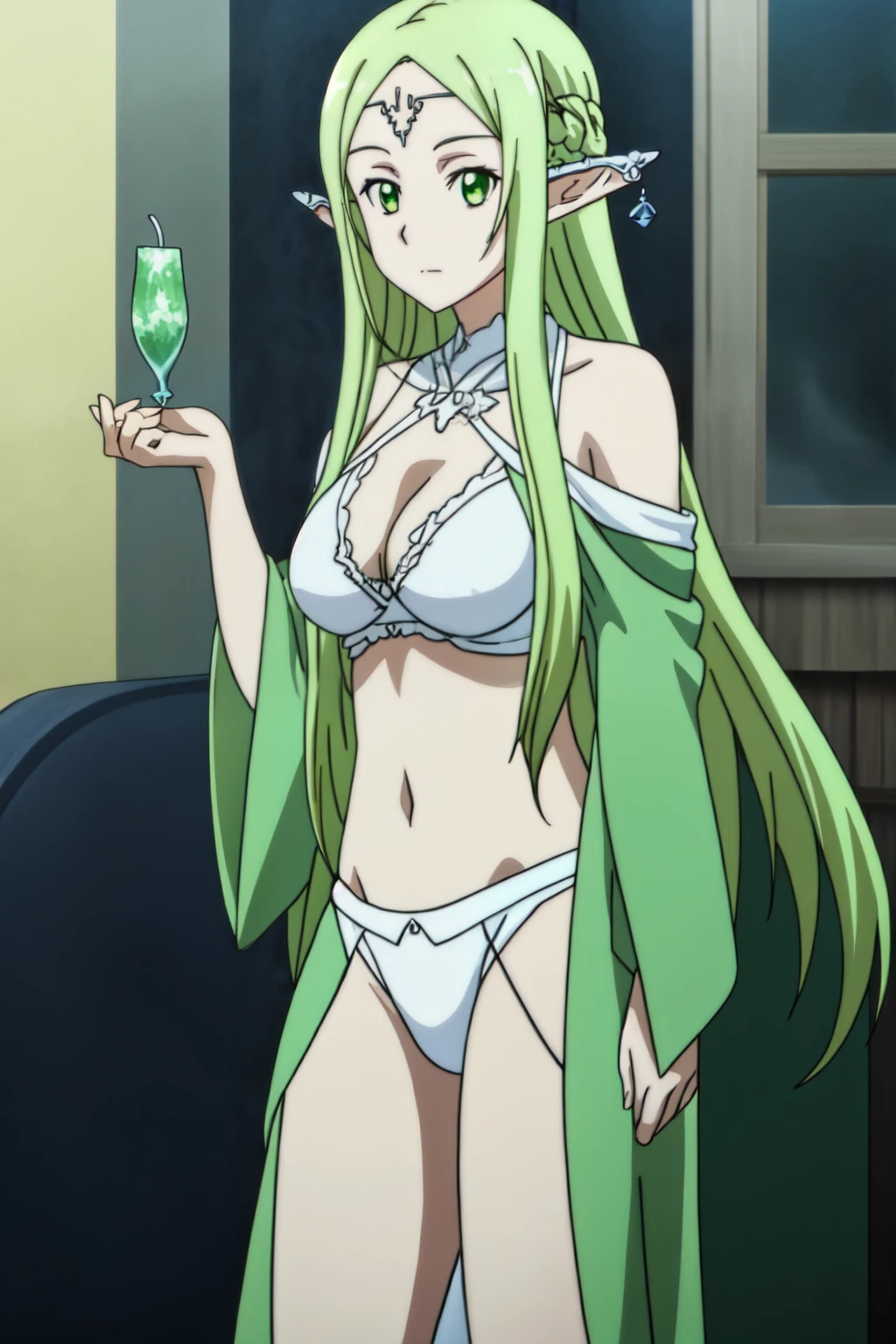 Masterpiece, beat quality, ((anime art style)), elf Girl, light green hair, pointed ears, jade eye, (NPC_freyja), (((big breast))), white bikini with gold details, white wand in hand, skin as white as powdery snow. His disguise had long flowing, deep brown-gold/tea-gold hair and pupils of the same colour. The disguise also had a beautiful face that was sublimed with western European beauty, and she wore a white bikini