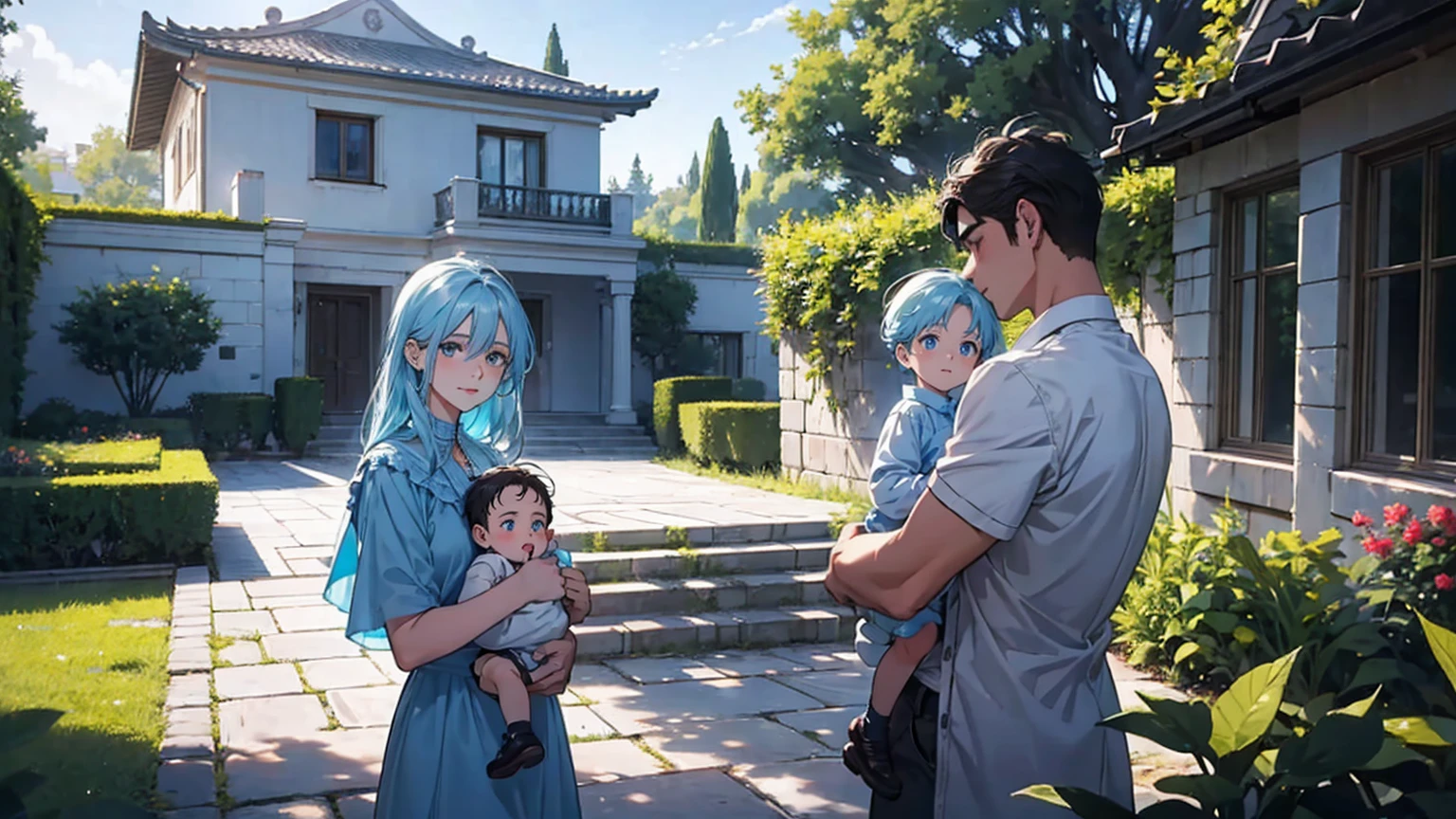 "Under the clear blue summer sky, in the garden of a modern house in Pula, Croatia, a young father is warmly and tightly holding up his young twin children, a boy and a girl. The father, once Constantine I, displays an expression of love and forgiveness, showing no signs of fatigue from work. The twins, once Crispus and Fausta, have innocent and radiant smiles, enveloped in a sense of security in their father's arms. In the background, the sparkling sea and the stylish modern house bathed in summer sunlight extend. Light and shadow intertwine perfectly, with the whole scene exuding a glow symbolizing purification and relationship restoration."。Also friendly and pleasant relationship、divine atmosphere、A paradise of greenery and flowers、heaven、Blessings and Blessings、Beautiful fece、brilliance、ultra-quality、Ultra-high resolution、ultra-definition、Super beautiful、masterpiece、