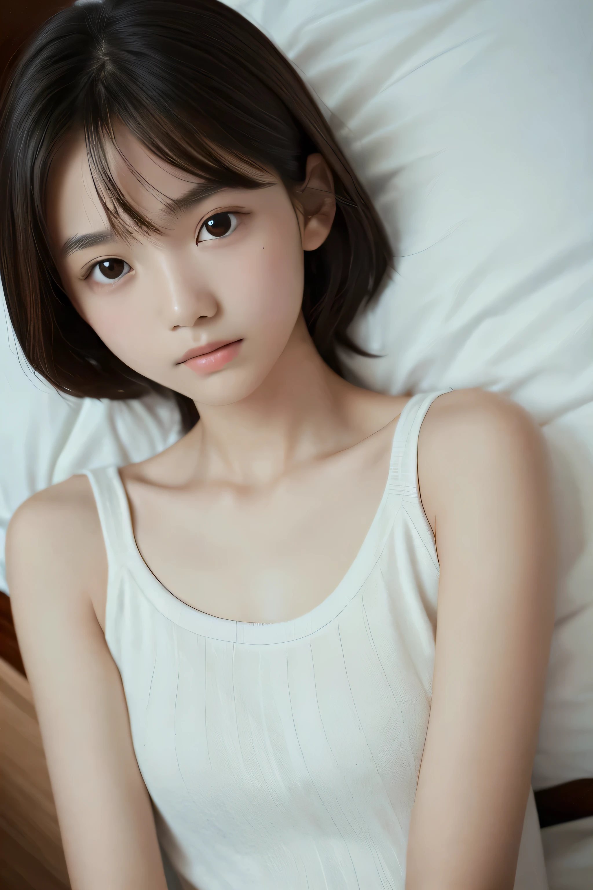 ((Highest quality)), ((Photo quality)), (detailed), Perfect Face，,Upper Body，Thin arms,White skin,bed,Thin camisole