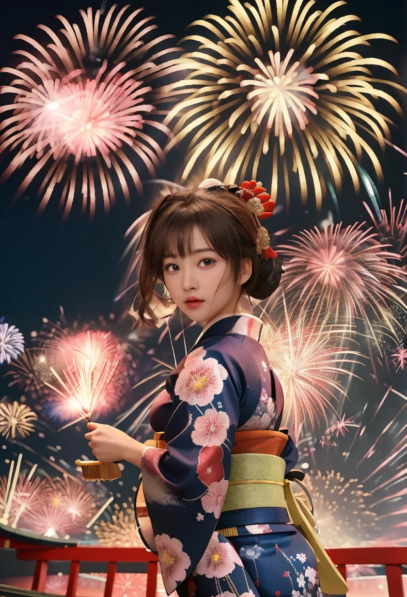 best quality, anime Seishun Buta Yarou series, character, Futaba Rio, glasses, gray half-up hair, colorful yukata, big fireworks