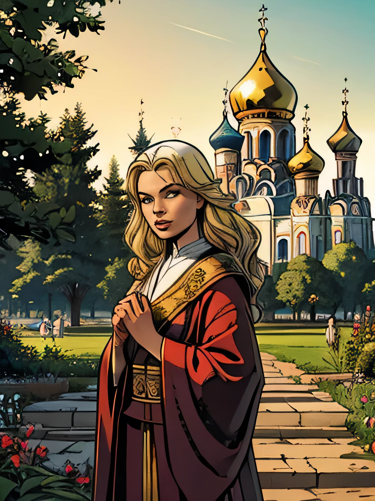 Russian woman with almost white blonde hair and in the background a palace from the planet Naboo from StarWars with a lot of vegetation and Orthodox church architecture