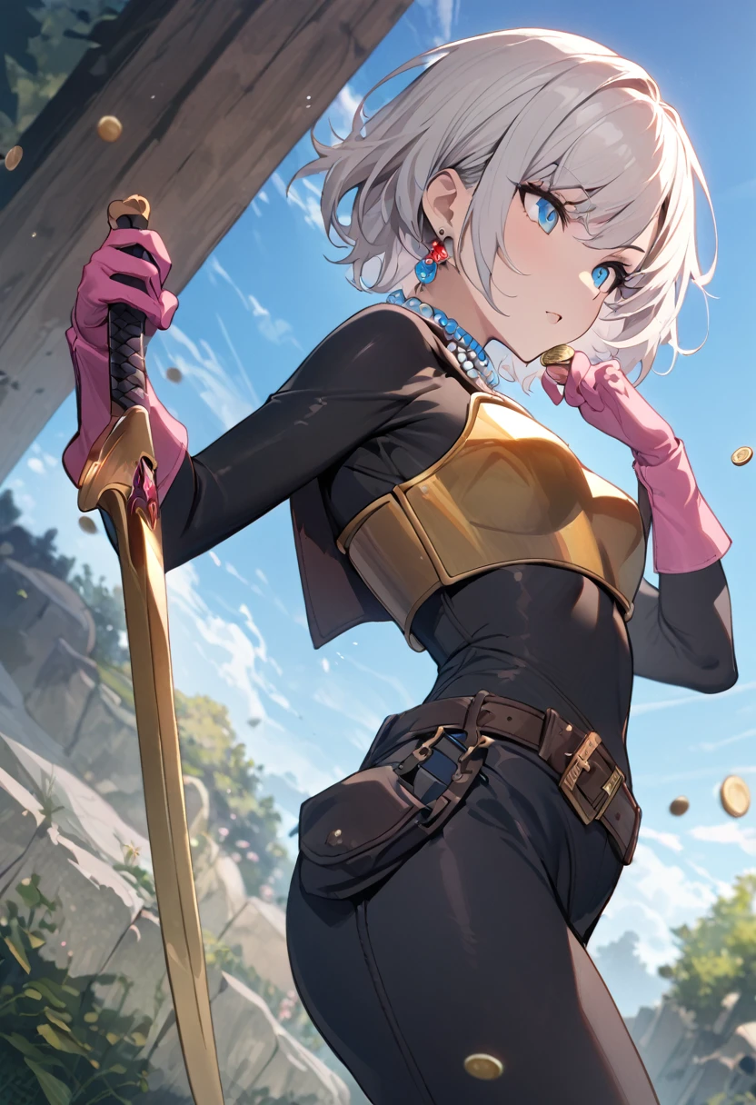 (masterpiece, best quality:1.1), thief (dq3), 1girl, solo, short hair, white hair, blue eyes, medium breasts, pink gloves, jewelry, pearl necklace, earrings, belt, sword, yellow breastplate, black bodysuit, bag, (coin, sword on hip:1.2), (dutch angle, dynamic pose, from side:1.3), (blue skies, nature:1.2)