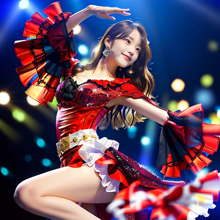 Photo-realistic quality、A 20-year-old Japanese woman in a red dress is dancing on stage, Japanese Idol, looking at the camera、Detailed and beautiful eyes、Cute smile、A soft and gentle look