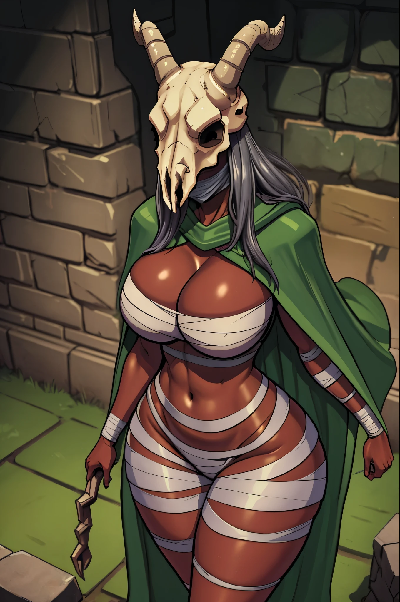 masterpiece, best quality, thesilent, dark skin, skull, covered face, green cloak, bandages, midriff, bandaged legs, upper body, huge breasts, thick thighs, looking at viewer, chiaroscuro, stone walls, dungeon, serious, from above