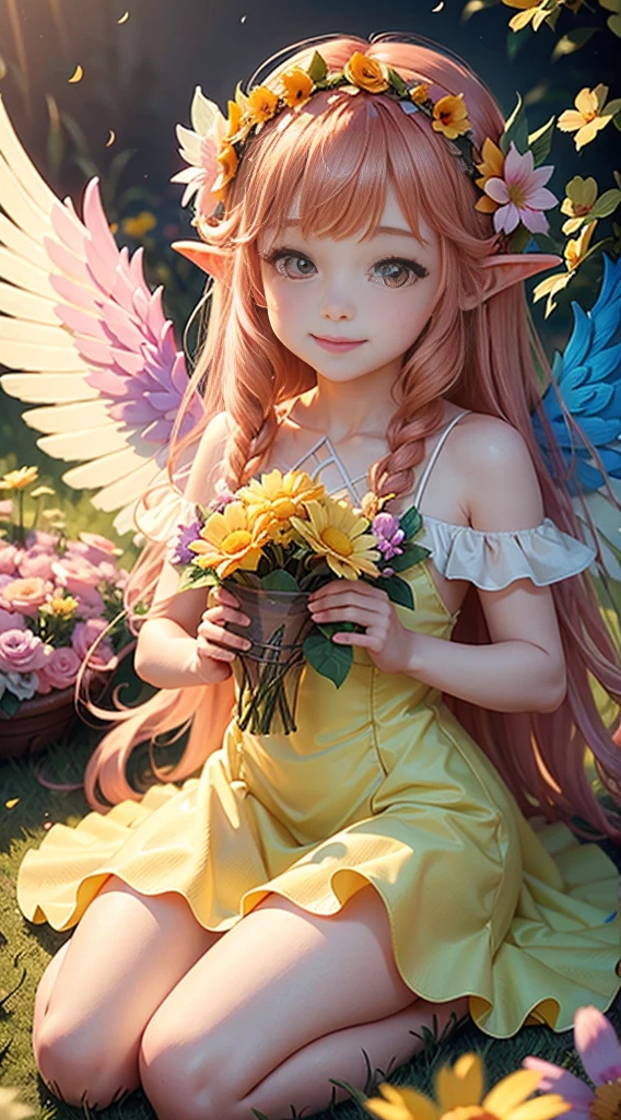 cute little Flowe rFairy, ,Big gradient angel wings Big wings Angel wings Rainbow gradient long hair Pointed ears Flower crown Dress made of leaves Flower Sitting on a big flower Big flower Smiling gently
