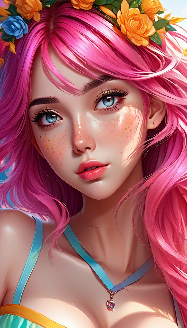((ultra detailed)),((Bright eyes)), (Detailed eyes) , 8k, blink blink, (The Little Faux Freckles Makeupgirl), ((realistic skin)), ((focus detailed 2 straps on the shoulders of dress)) , ((shiny facial skin)), with colorful hair and a colorful dress, rossdraws pastel vibrant, rossdraws cartoon vibrant, style anime 8k, beautiful portrait, artgerm colorful!!!, ! dream artgerm, beautiful anime girl, styled digital art, art wallpaper 8k, digital art, extremely detailed artgerm,((( big hips, breast)))