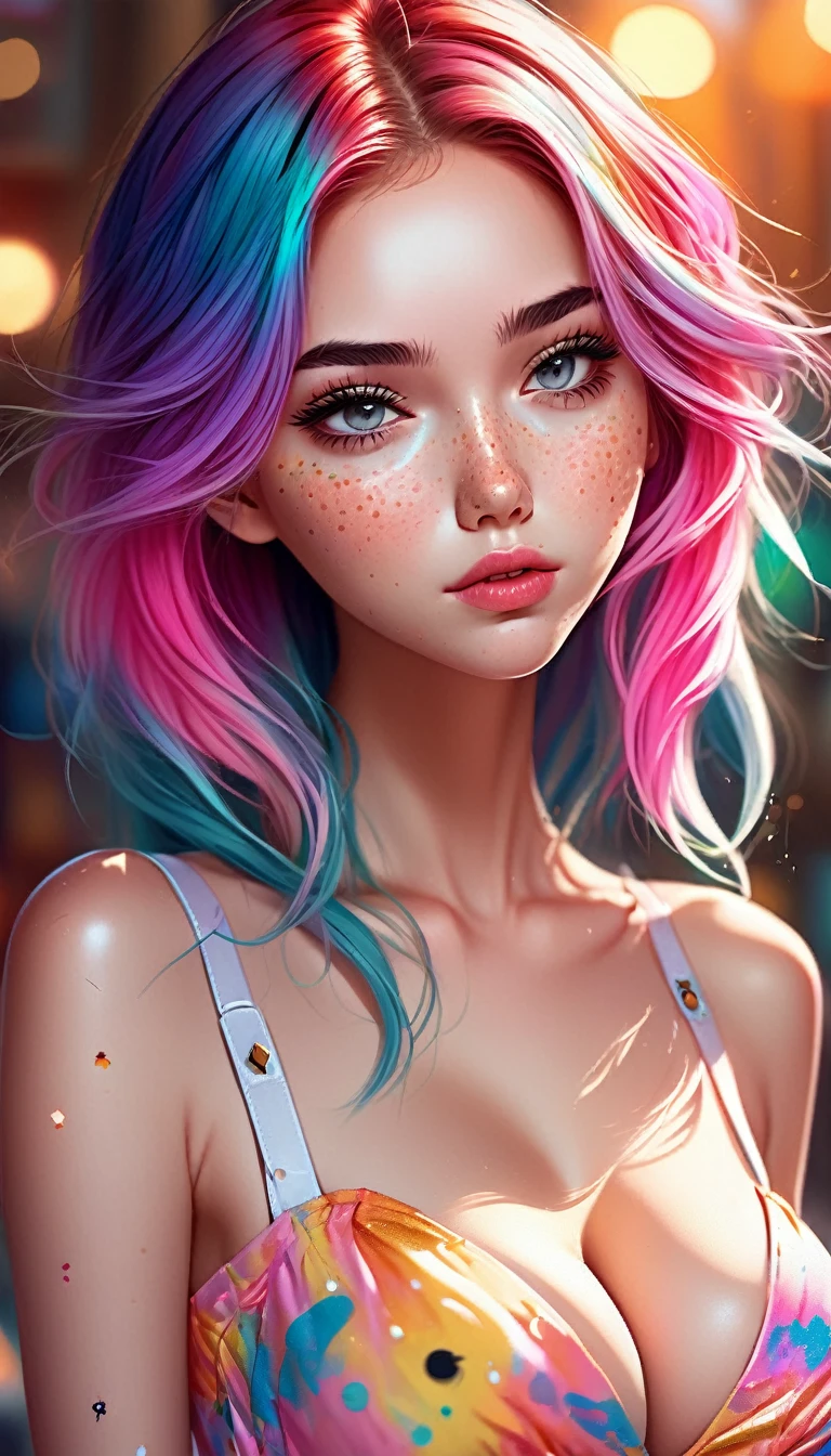 ((ultra detailed)),((Bright eyes)), (Detailed eyes) , 8k, blink blink, (The Little Faux Freckles Makeupgirl), ((realistic skin)), ((focus detailed 2 straps on the shoulders of dress)) , ((shiny facial skin)), with colorful hair and a colorful dress, rossdraws pastel vibrant, rossdraws cartoon vibrant, style anime 8k, beautiful portrait, artgerm colorful!!!, ! dream artgerm, beautiful anime girl, styled digital art, art wallpaper 8k, digital art, extremely detailed artgerm,((( big hips, breast)))