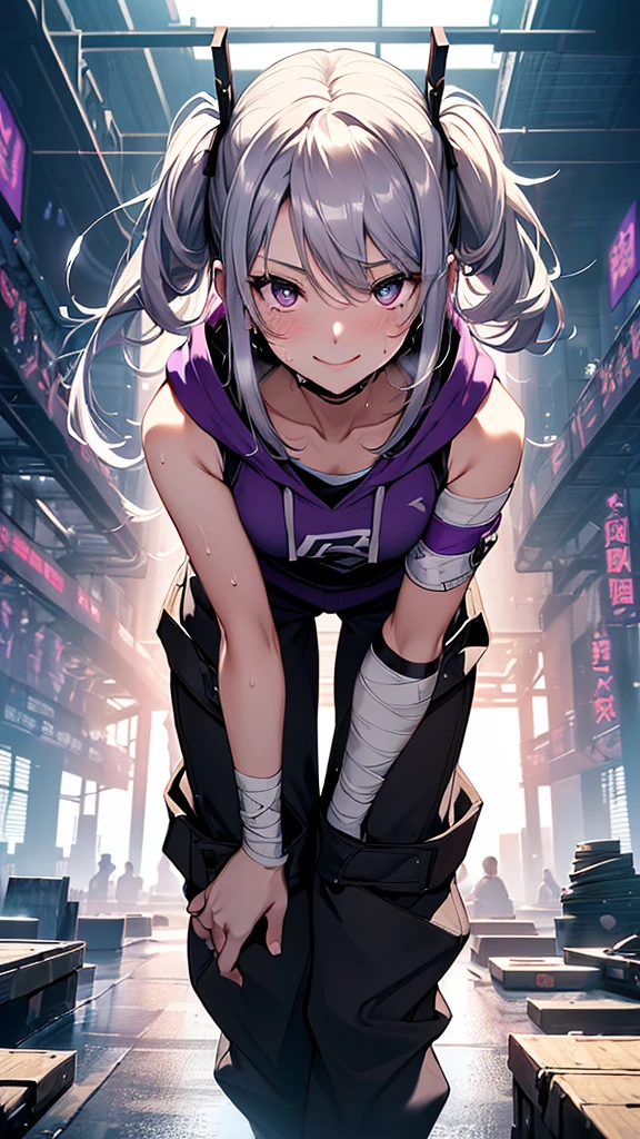 最high quality、best image quality、masterpiece、girl((20-year-old、 By becoming、vest bust、medium bust,wide open breast tea、Shining eyes, silver hair、long hair、thin,highest valley、twin tails、Bandage on right arm、Black and purple hoodie with a wide open chest、short belly sports trousers、cool pose、holding a black smartphone、sweating、smile、movement of leaning forward、provocative pose)),high quality、beautiful art、background((cyber sports gym))、flight、debris flies、Depth of written boundary、movie、visual art、perfect art、8K,genuine、
