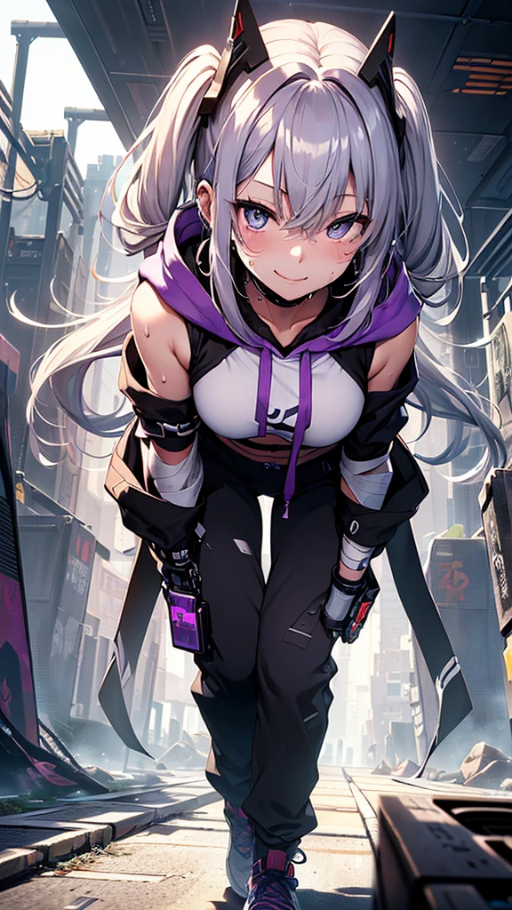 最high quality、best image quality、masterpiece、girl((20-year-old、 By becoming、vest bust、medium bust,wide open breast tea、Shining eyes, silver hair、long hair、thin,highest valley、twin tails、Bandage on right arm、Black and purple hoodie with a wide open chest、short belly sports trousers、cool pose、holding a black smartphone、sweating、smile、movement of leaning forward、provocative pose)),high quality、beautiful art、background((cyber sports gym))、flight、debris flies、Depth of written boundary、movie、visual art、perfect art、8K,genuine、